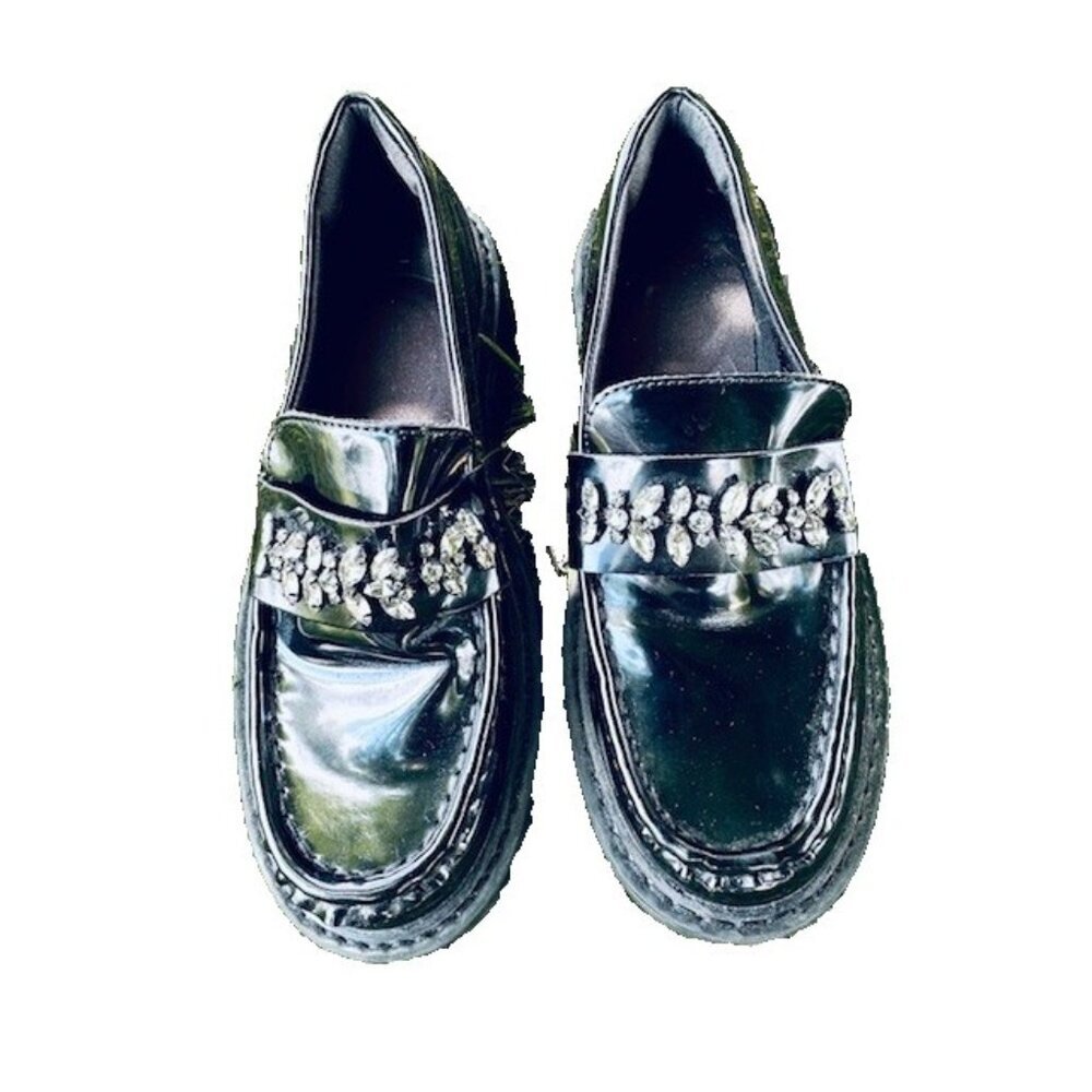 ZARA Women Platform Black Witchy Moccasins Shoes Front Rhinestones US 5.5/6-EU36 - Picture 1 of 5